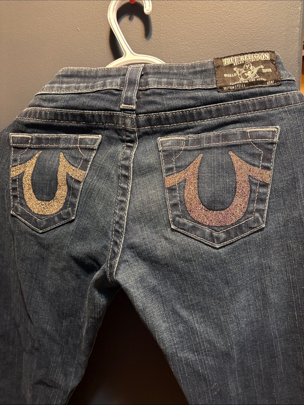 True Religion Women's Dark Denim Skinny Jeans with Sparkle Horseshoe Pockets